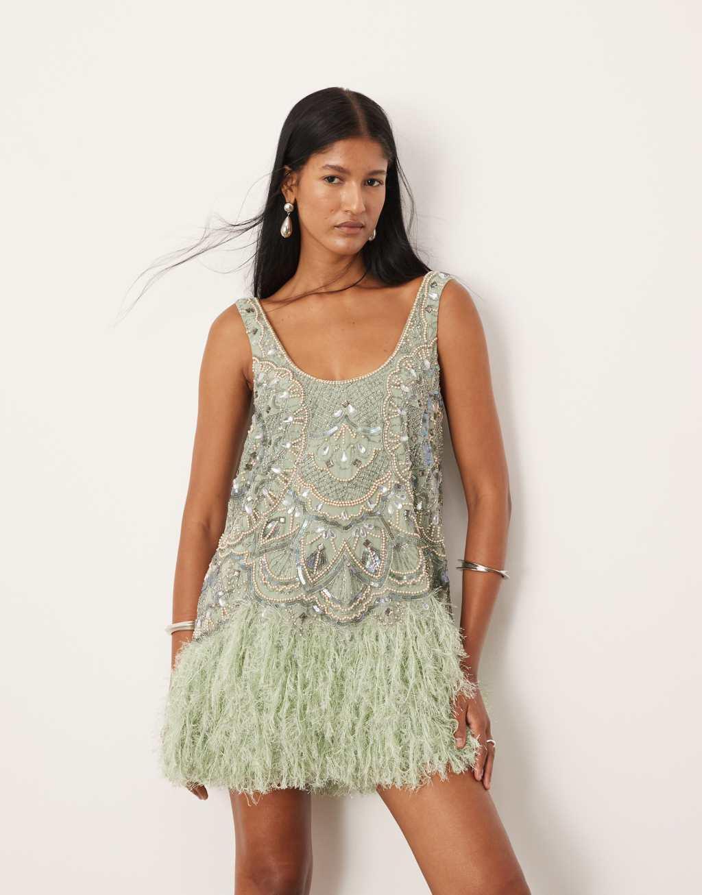 ASOS EDITION embellished scoop neck mini dress with faux feather hem in sage green Product Image