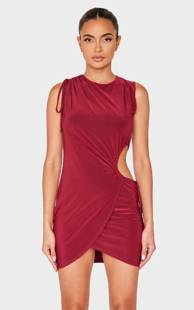 Burgundy Double Layer Slinky Ruched Cut Out Mini Dress Product Image