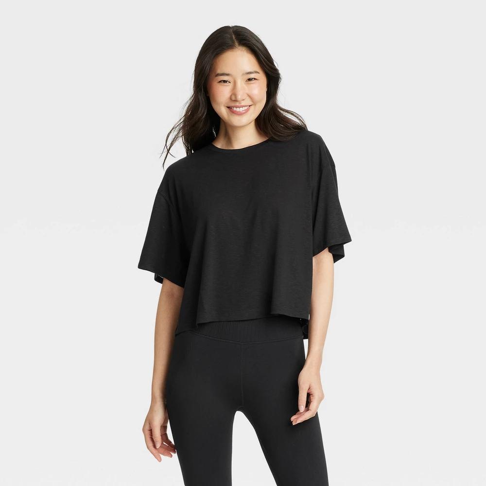 Womens Boxy Open Back Cropped Short Sleeve Shirt - JoyLab Black XXL Product Image