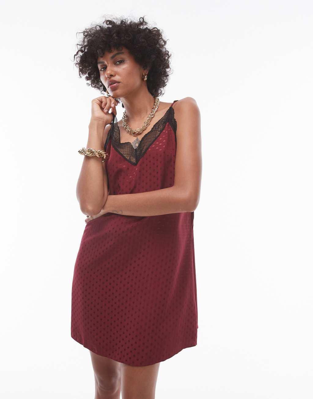 Topshop jacquard lace trim mini slip dress in burgundy Product Image