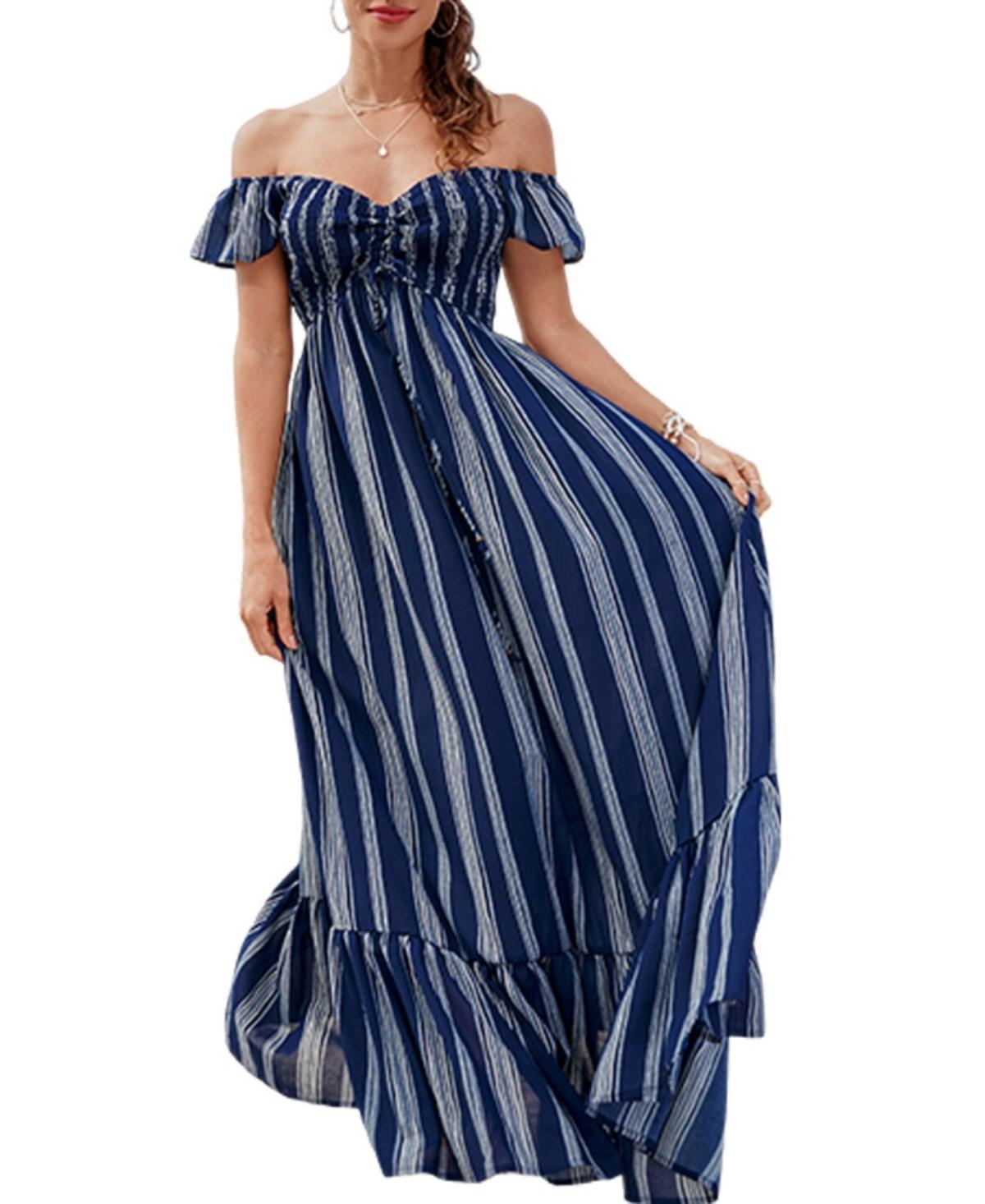 Women's Striped Off-Shoulder Ruffled Maxi Beach Dress Product Image