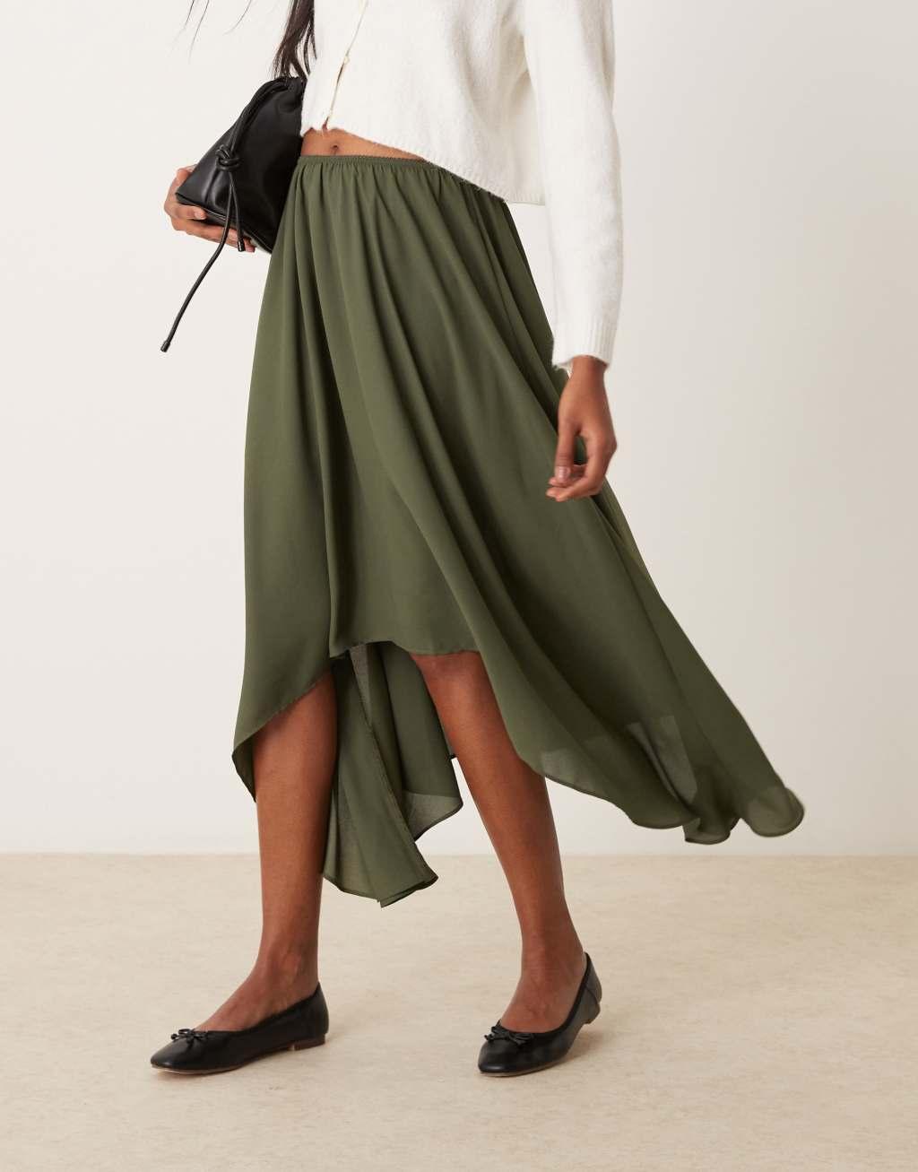 ASOS DESIGN floaty high low hem midi skirt in khaki Product Image