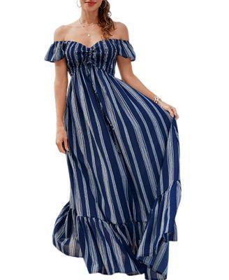 Women's Striped Off-Shoulder Ruffled Maxi Beach Dress Product Image