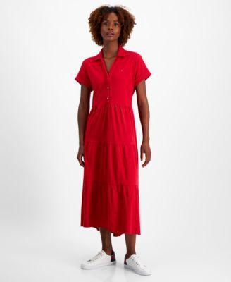 Tommy Hilfiger Womens Cotton Collared Tiered Maxi Dress Product Image