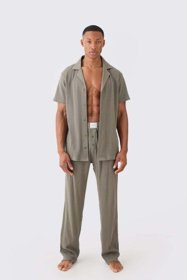 Mens Green Waffle Lounge Shirt & Relaxed Bottom Set In Khaki, Green Product Image