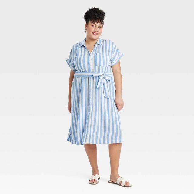 Womens Short Sleeve Tie-Front Midi Shirtdress - Ava & Viv Blue Striped XXL Product Image