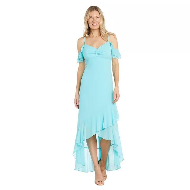 Womens R&M Richards Chiffon Off-Shoulder Ruffly Hi-Low Maxi Dress Blue Product Image