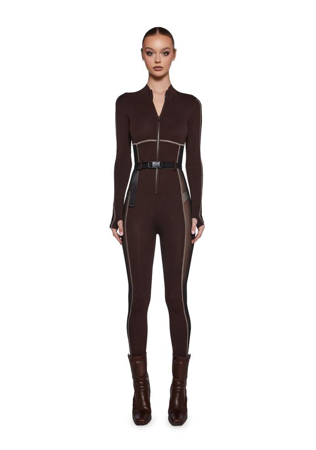 Poster Grl Mesh Panel Zip Up Belted Jumpsuit Brown Product Image