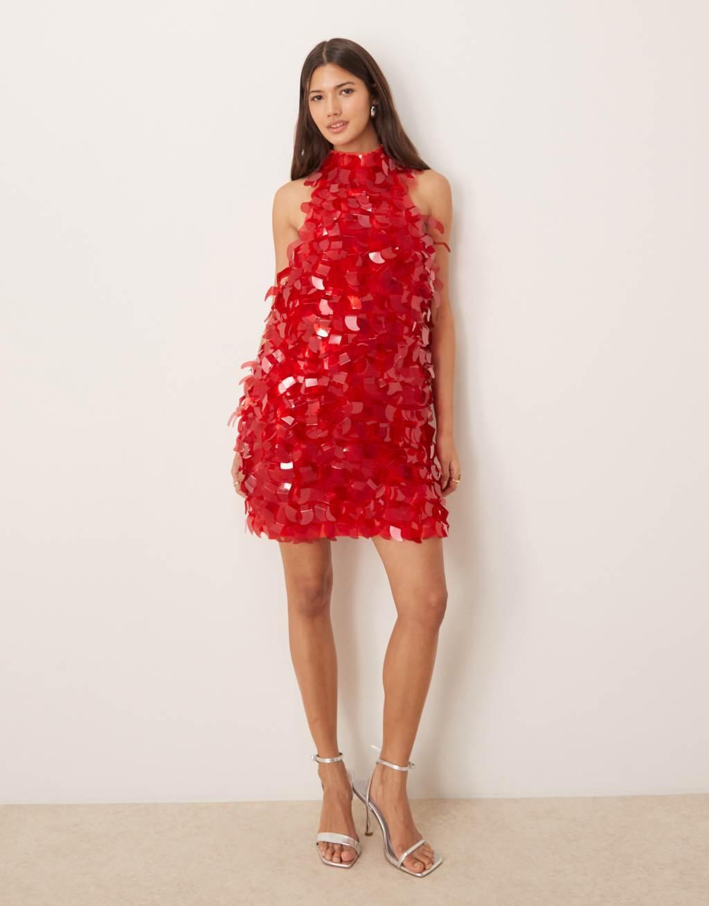 ASOS EDITION embellished sequin shard halterneck mini dress in red Product Image