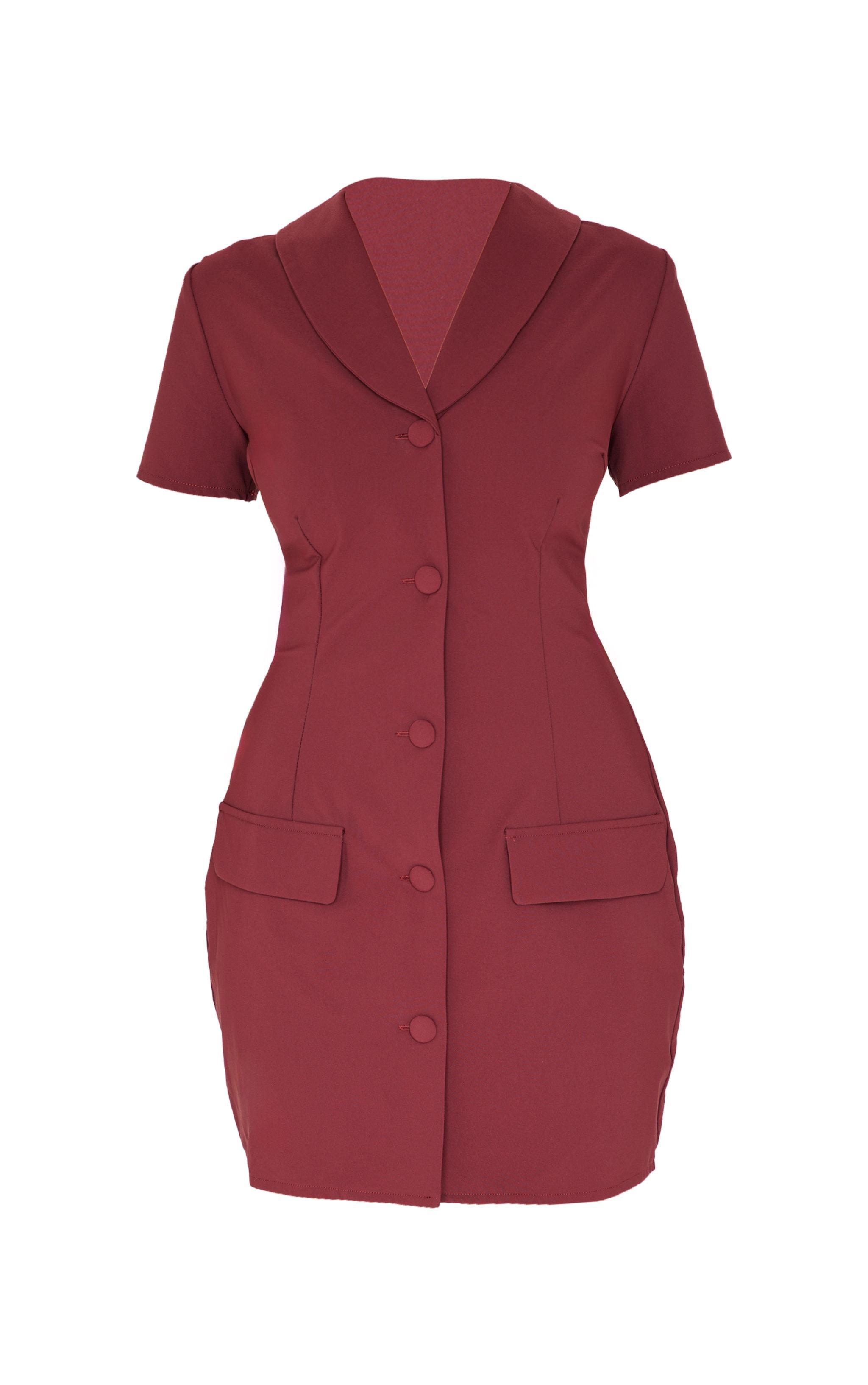 Burgundy Tailored Woven Cap Sleeve Button Down Shift Dress Product Image