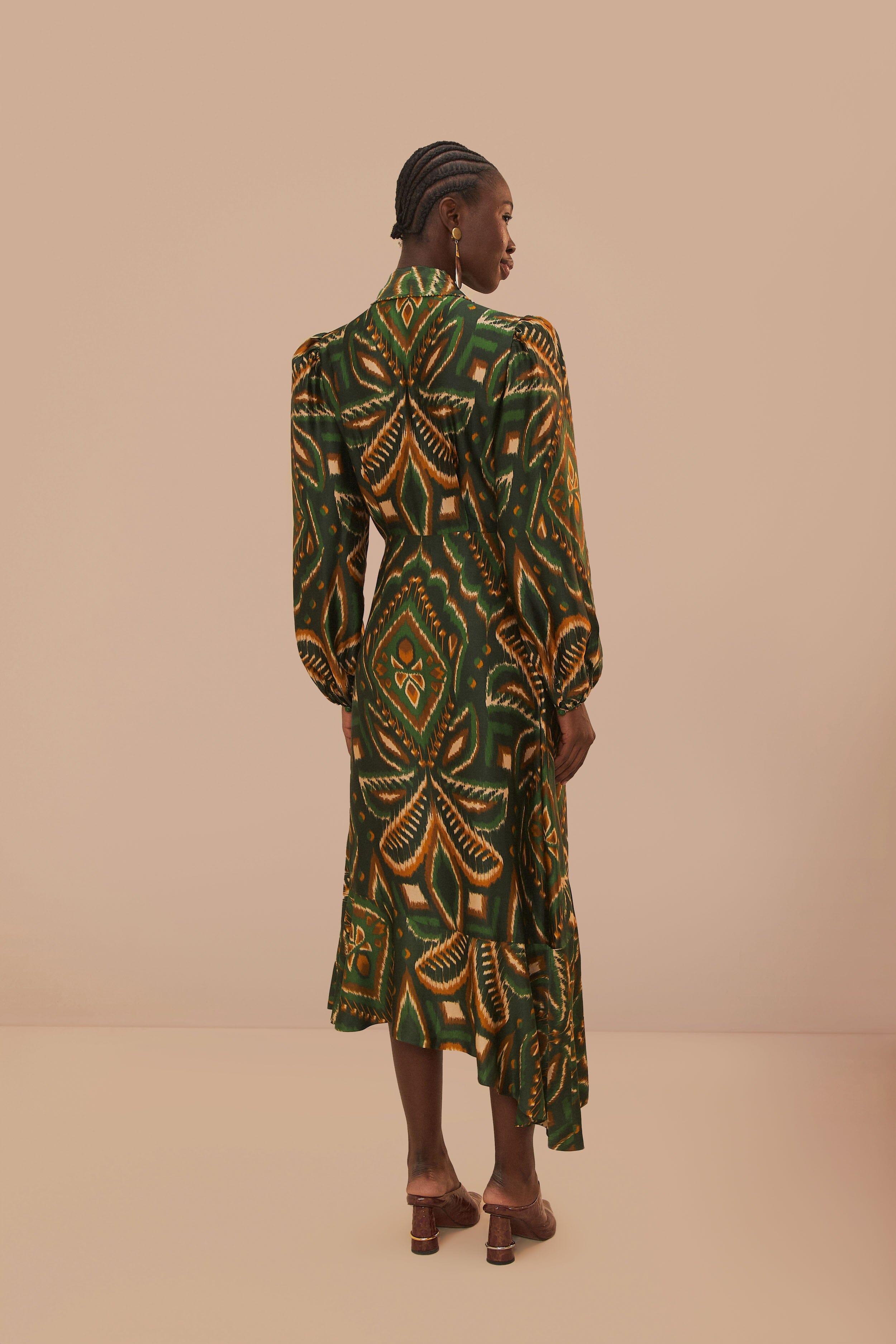 Green Pineapple Ikat Long Sleeve Midi Dress Product Image