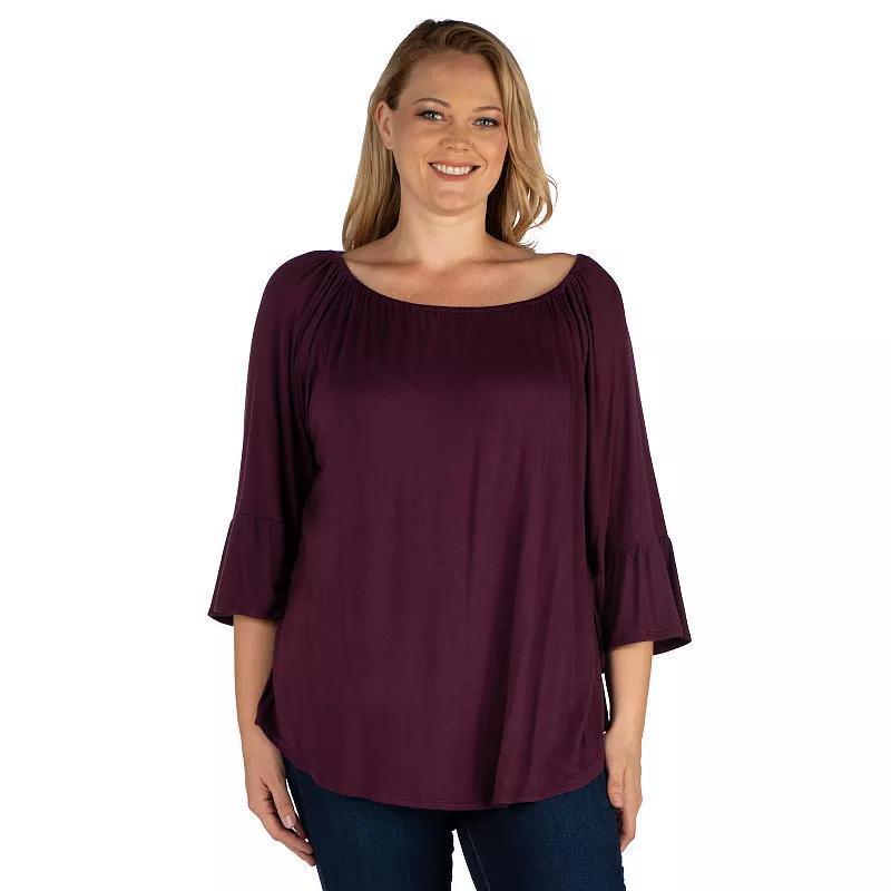 Plus Size 24Seven Comfort Apparel Bell Sleeve Loose Fit Tunic Top, Womens Purple product image