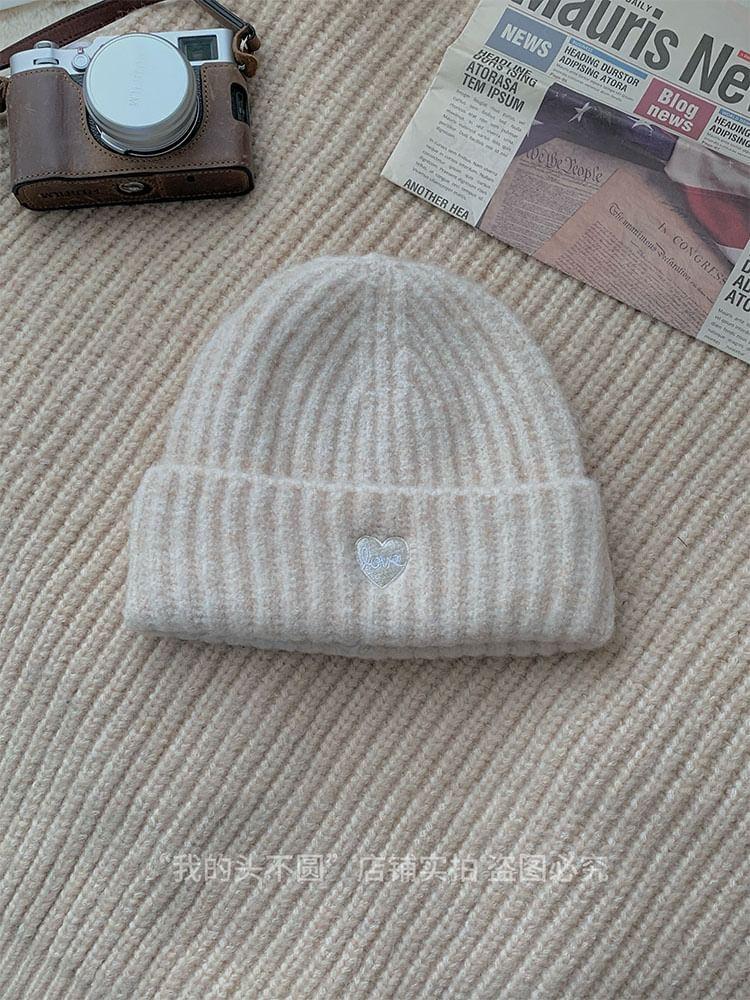 Heart Embroidered Ribbed Knit Beanie Product Image