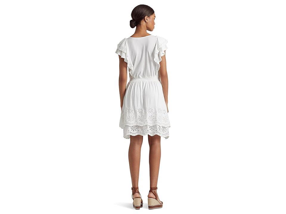 Lauren Ralph Lauren Petite Eyelet-Embroidered Jersey Tie Neck Dress Women's Clothing Product Image