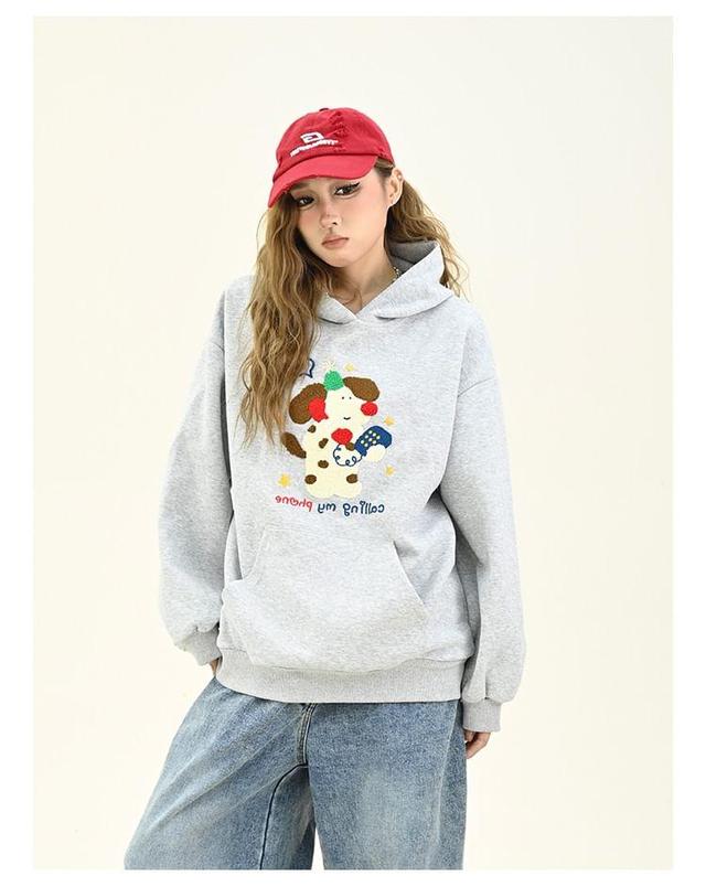 Drop Shoulder Dog Embroidered Oversized Hoodie Product Image