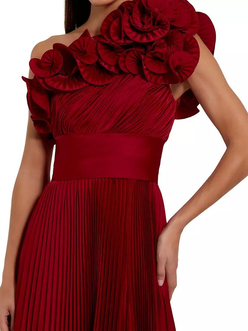 Pleated Charmeuse Ruffle One-Shoulder A-Line Gown Product Image