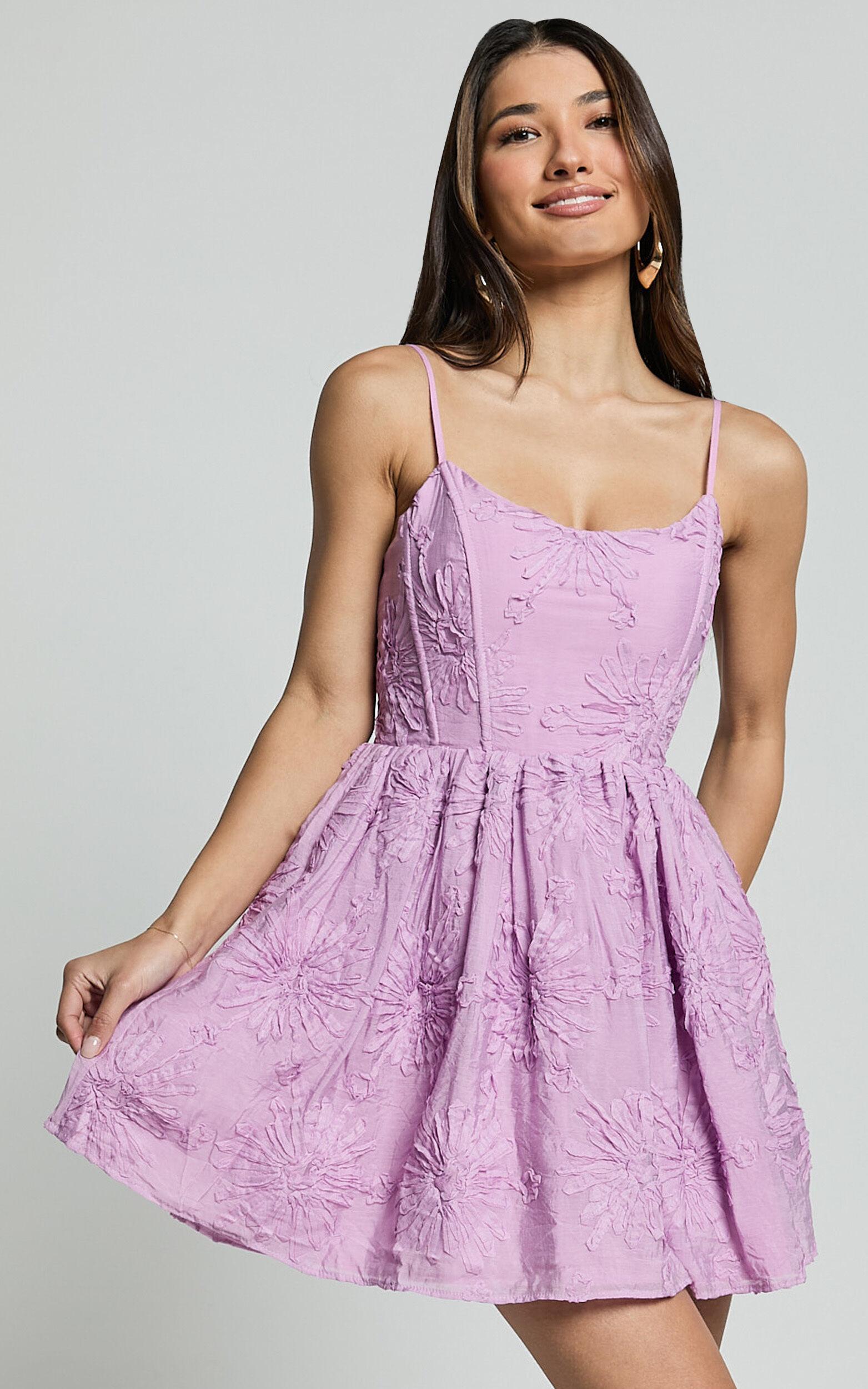 Gail Mini Dress - Scoop Neck Embroidered Corset Dress in Purple Product Image