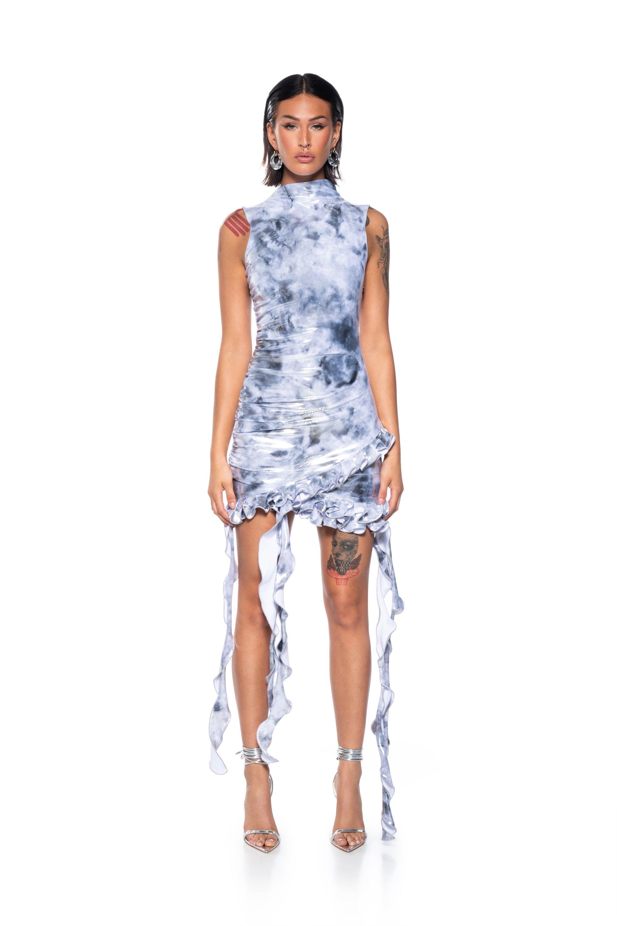 HIT PLAY METALLIC RUFFLE MINI DRESS Product Image