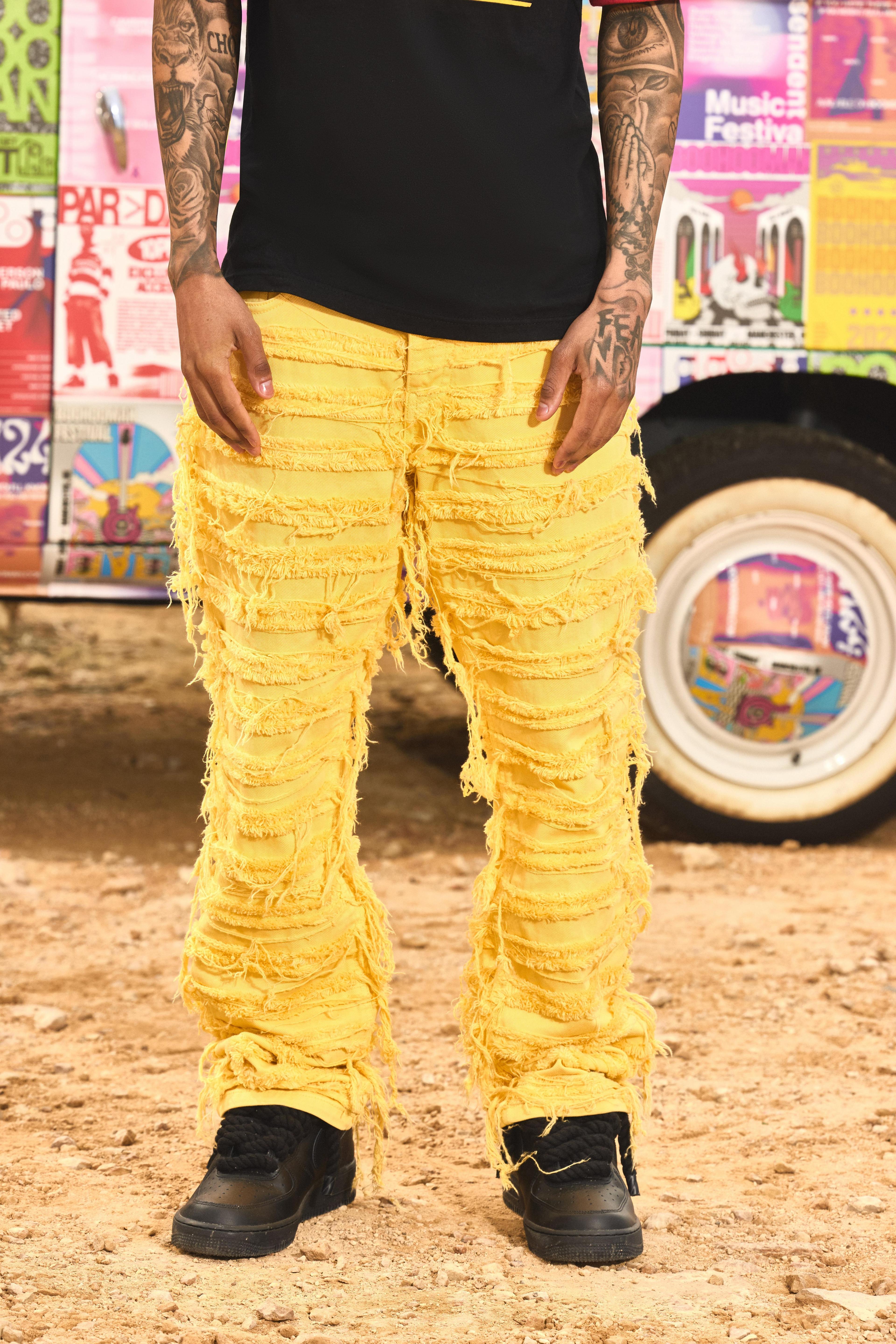 Mens Relaxed Rigid Hyper Distressed Overdye Denim Jean In Yellow, Yellow Product Image