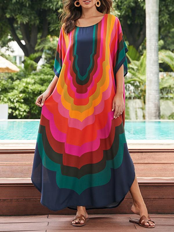 Batwing Sleeves Loose Contrast Color Printed Sun Protection Round-Neck Maxi Dresses Product Image