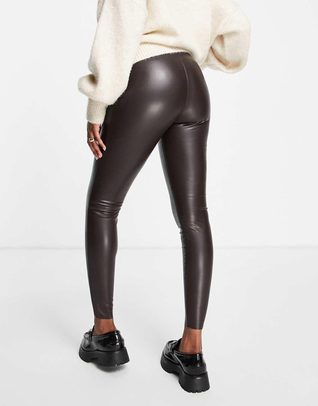 River Island faux leather skinny pants in brown Product Image