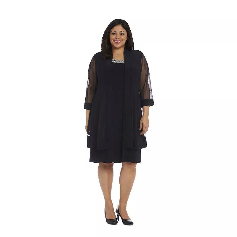 Plus Size R&M Richards Relaxed Bead Neck A-Line Midi Dress & Sheer Sleeve Jacket Set, Womens Product Image