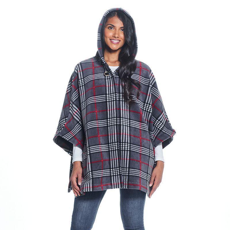 Womens Weathercast Hood Plaid Fleece Poncho, Coriander Ivory Product Image