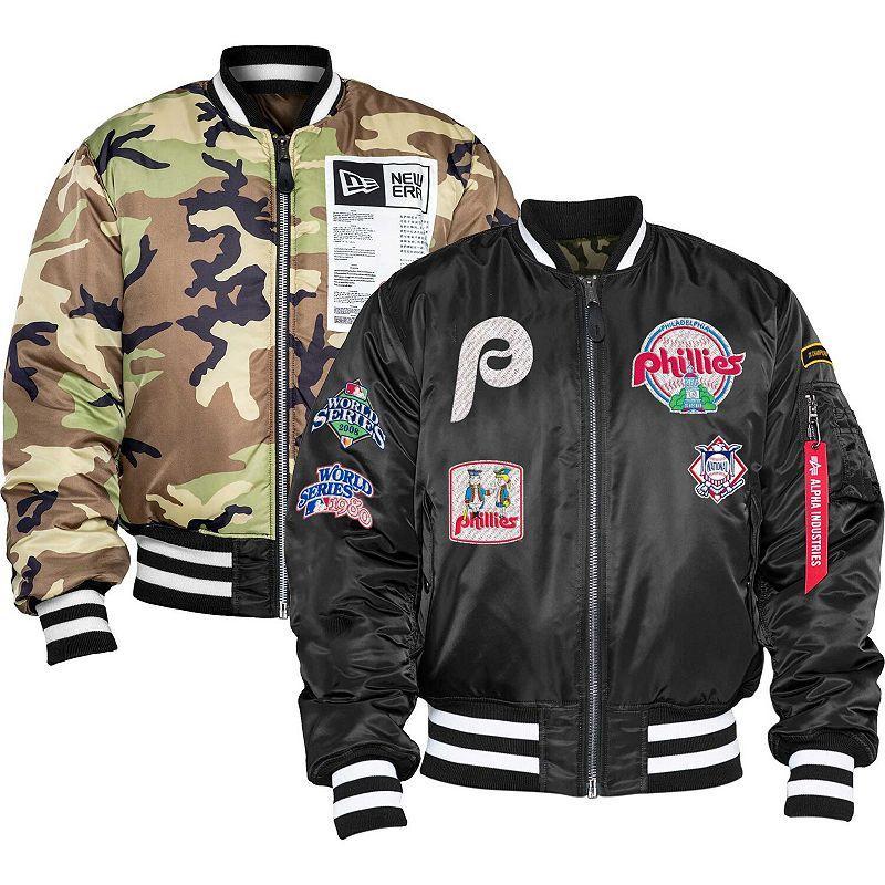 Mens New Era x Alpha Industries Black Philadelphia Phillies Reversible Full-Zip Bomber Jacket Product Image