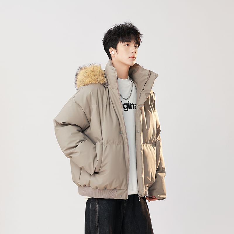 Stand Collar Plain Hood Zip Puffer Jacket Product Image