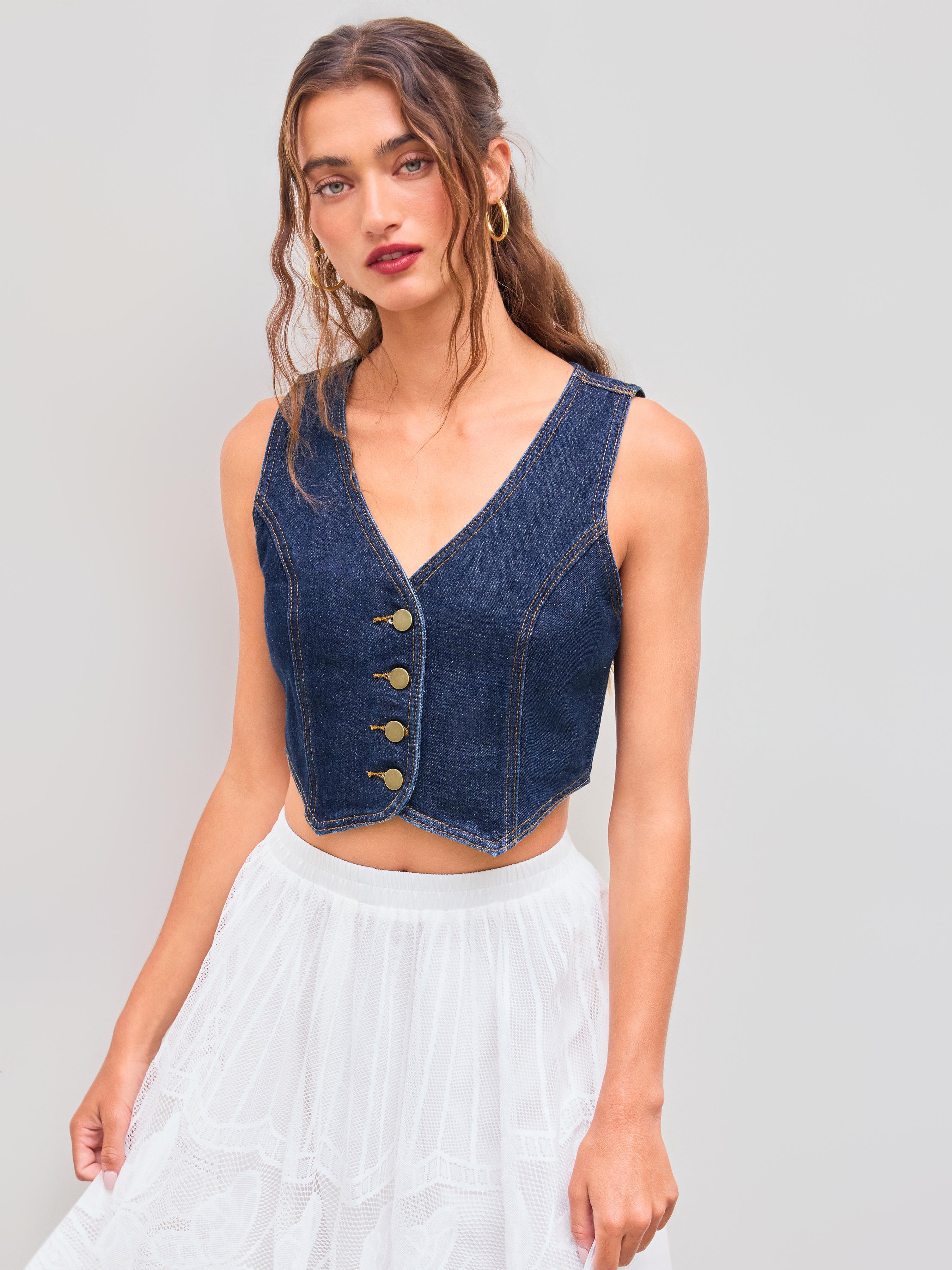 Denim V-neck Button Crop Vest Product Image