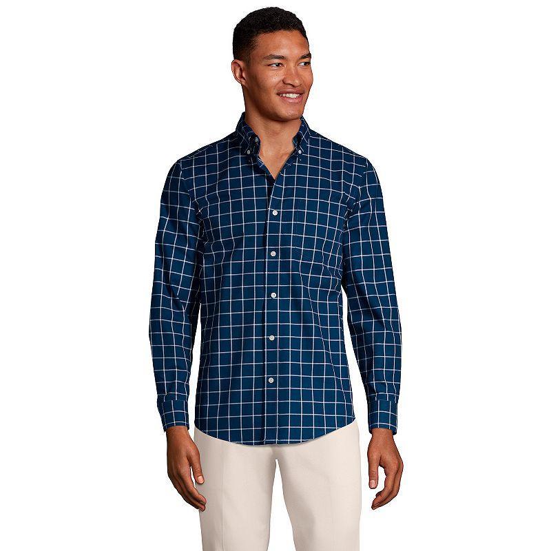 Big & Tall Lands End Tailored Fit No Iron Twill Long Sleeve Shirt, Mens Deep Blue Windowpane Product Image