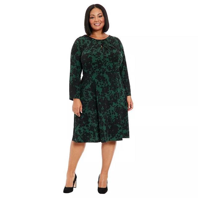 Plus Size London Times Pleated Keyhole Long Sleeve Fit & Flare Dress, Womens Product Image