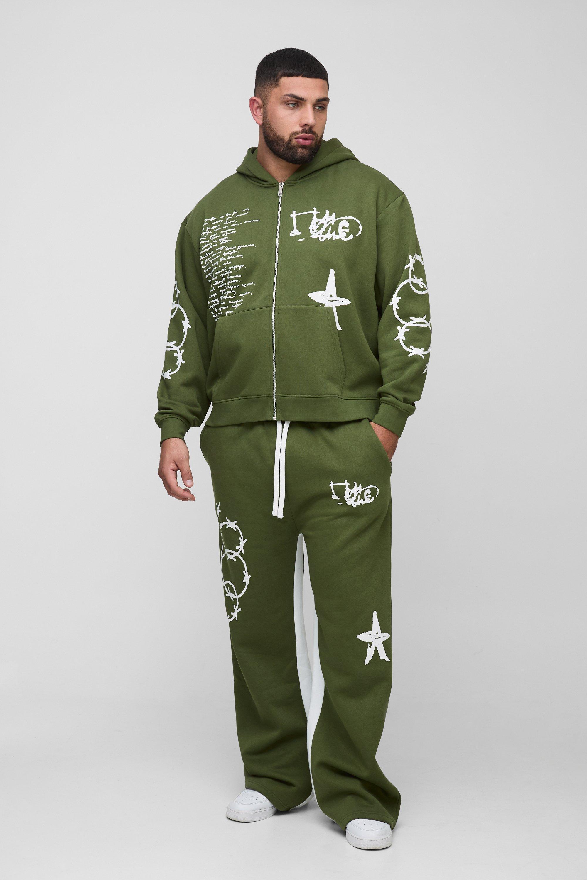 Plus Oversized Multi Placement Graffiti Zip Through Gusset Hooded Tracksuit | boohooMAN USA Product Image