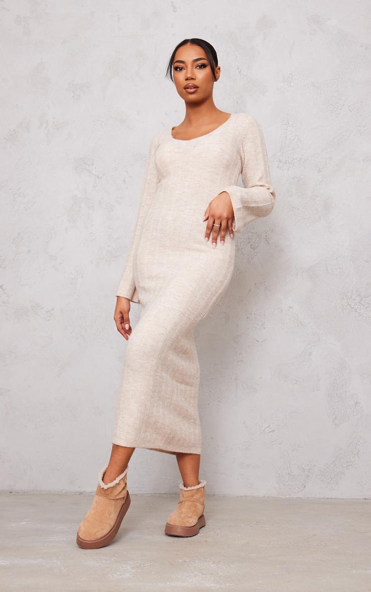 Tall Oatmeal Rib Knitted V Neck Midaxi Dress Product Image