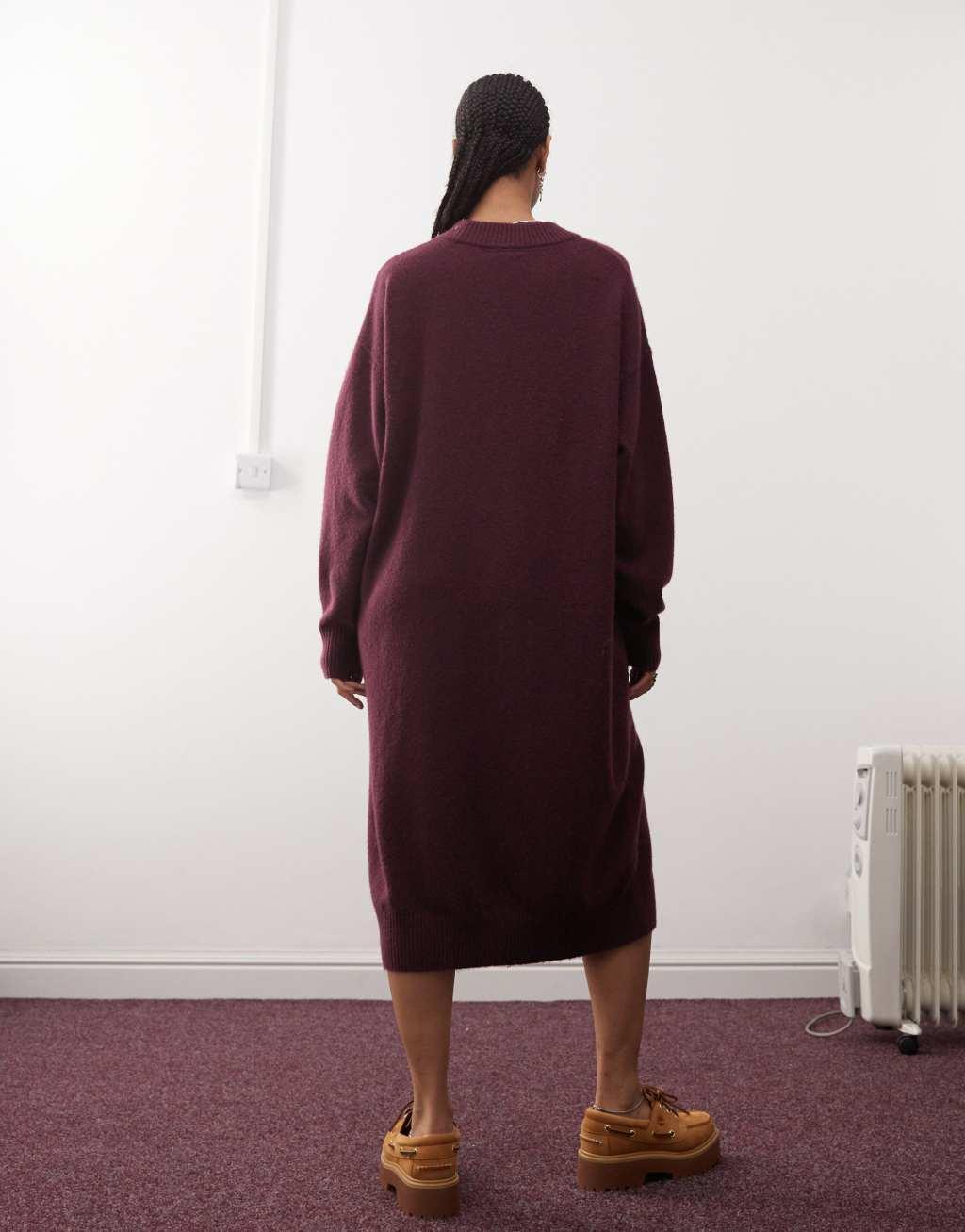 Monki long sleeve knit midi dress in burgundy Product Image