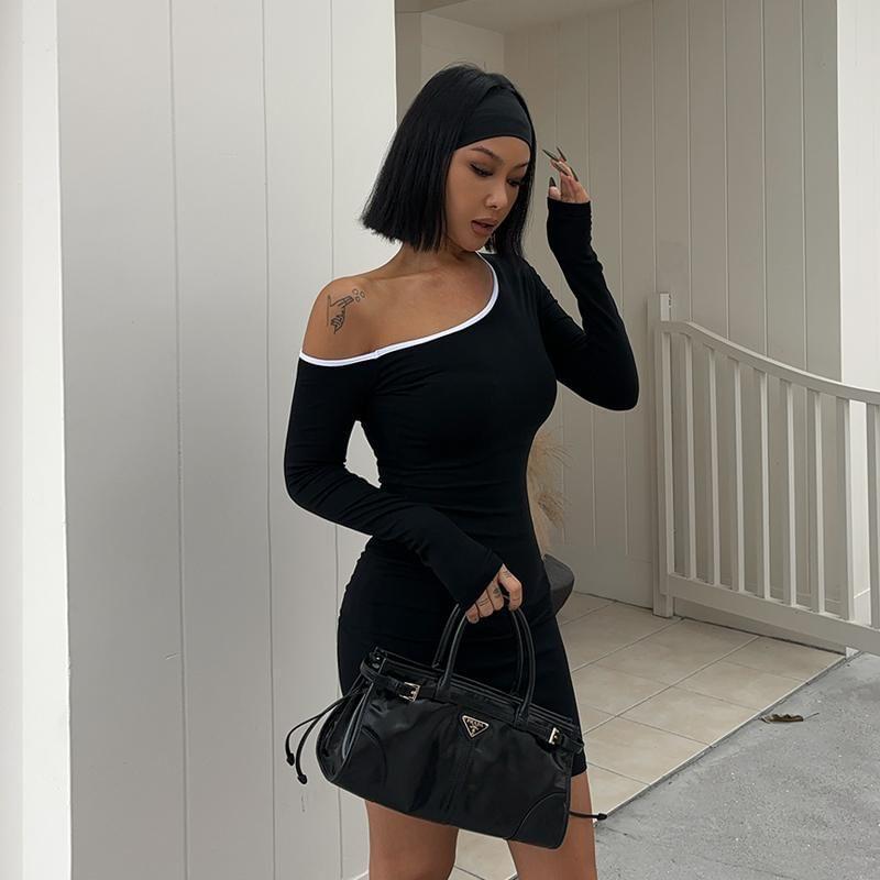 Long-Sleeve One-Shoulder Plain Contrast Trim Mini Sheath Dress / T-Shirt Product Image