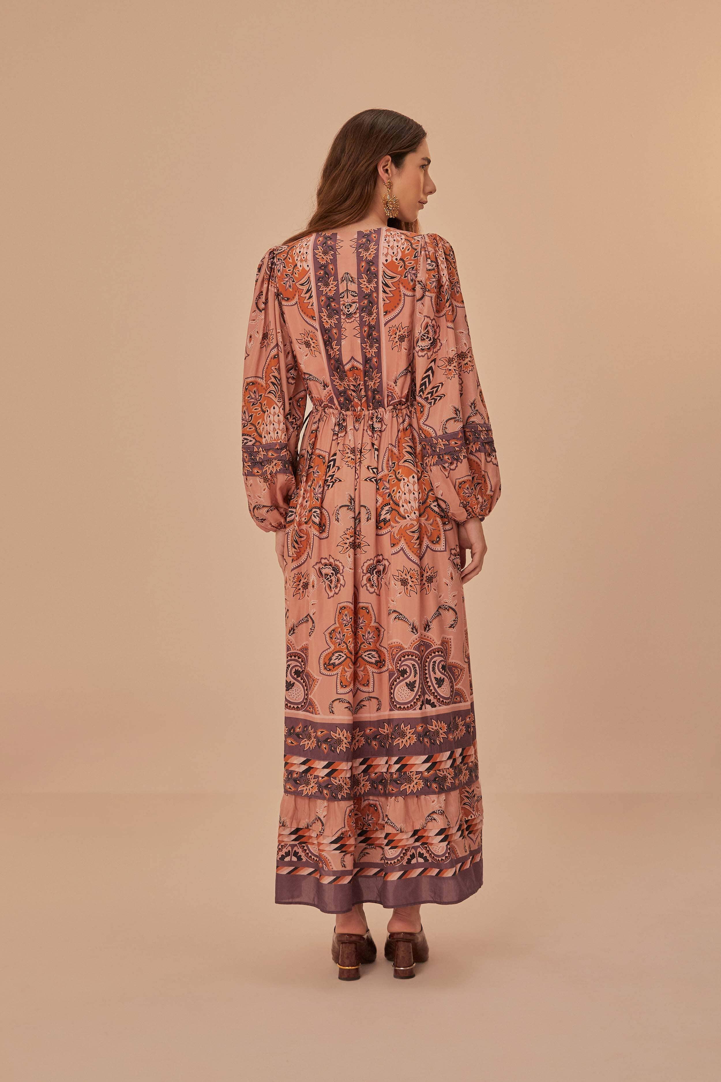 Glam Tapestry Burgundy Long Sleeve Maxi Dress Product Image