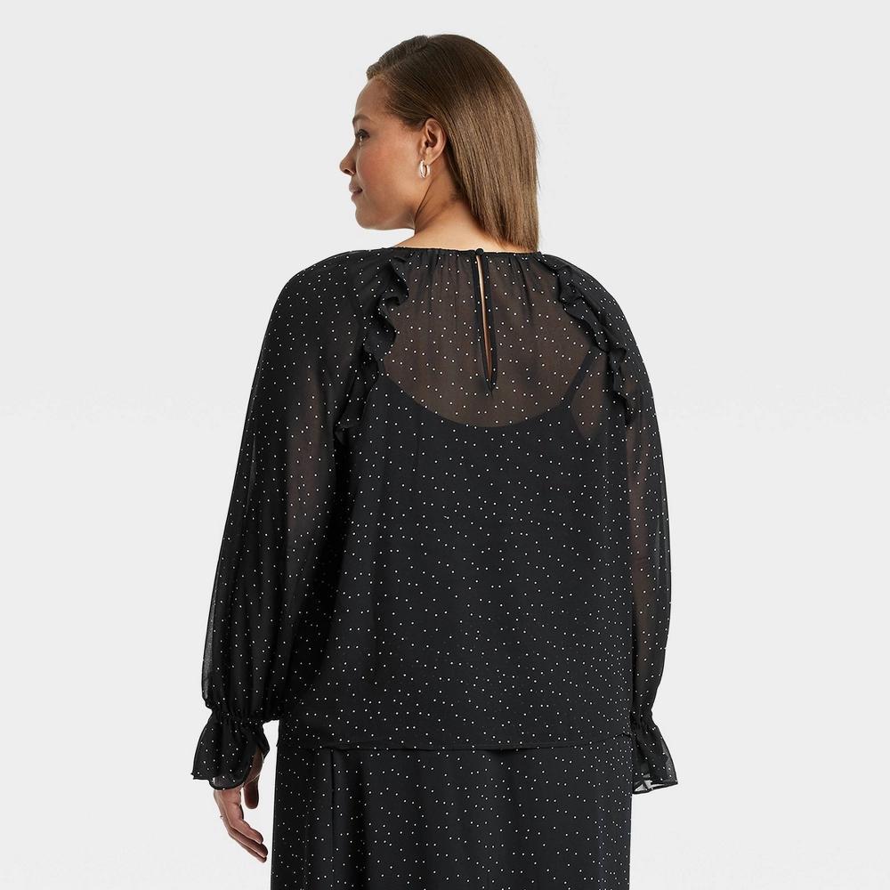 Women's Long Sleeve Ruffle Blouse - A New Day™ Black Polka Dots 1X Product Image