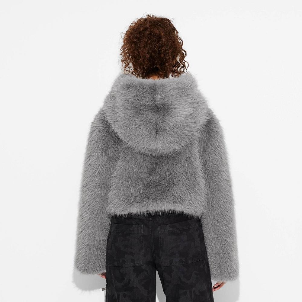 Women's Cropped Hooded Faux Fur Jacket - Wild Fable™ Gray M Product Image