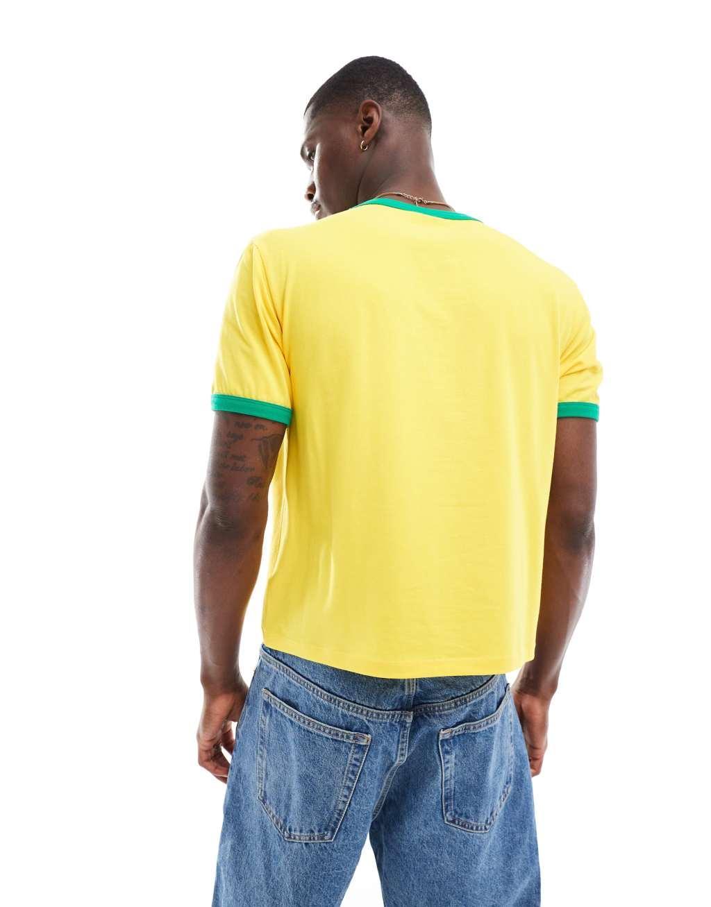 ASOS DESIGN boxy ringer t-shirt with Brazil chest print in yellow Product Image