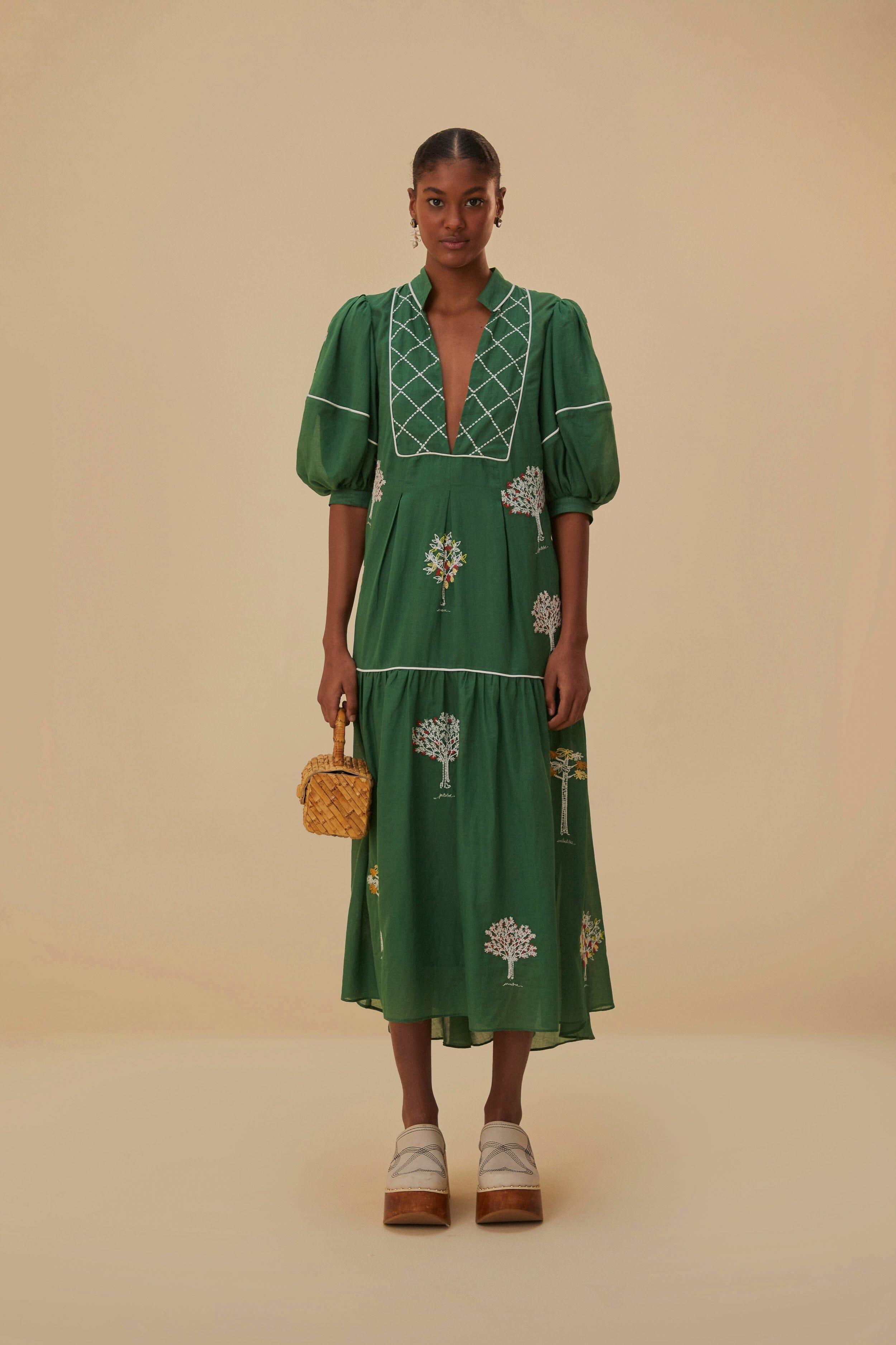 Green Embroidered Trees Organic Cotton Midi Dress Product Image