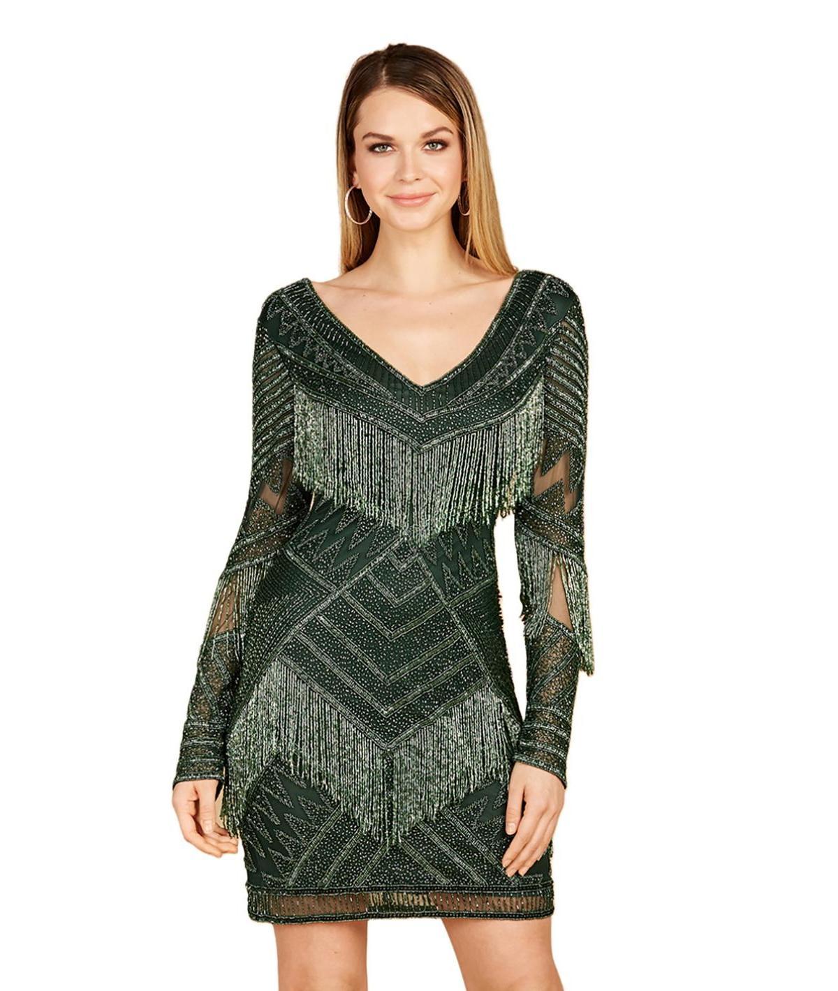 Womens Long Sleeve Beaded V-Neck Fringe Cocktail Mini Dress Product Image