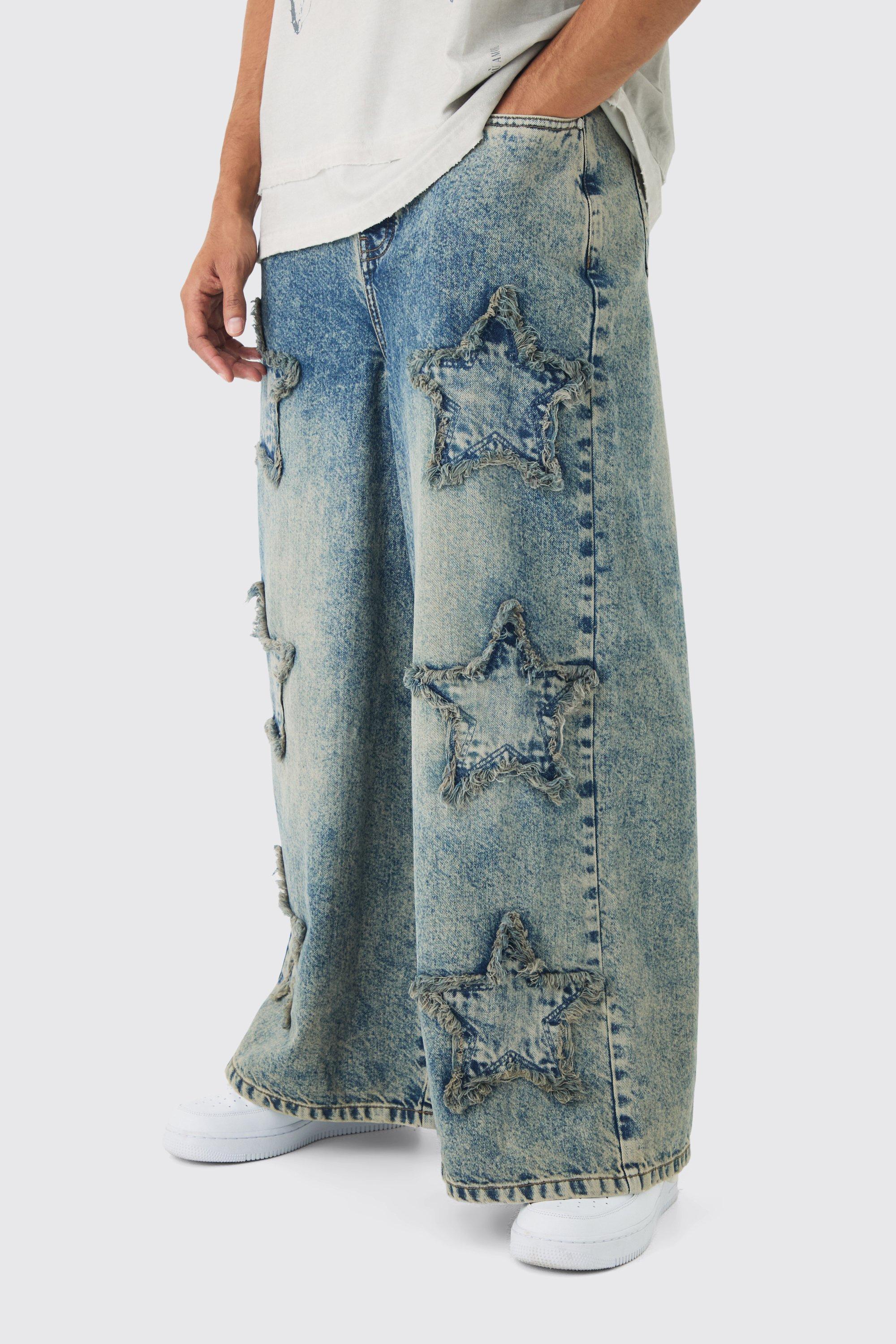 Wide Leg Rigid Star Distressed Applique Jeans | boohooMAN USA Product Image