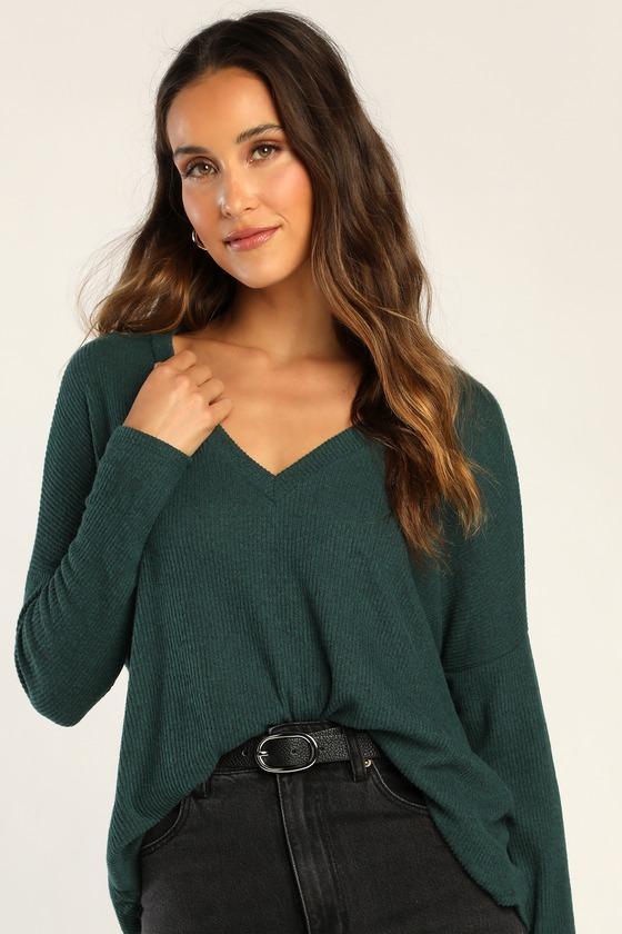 Just Vibing Hunter Green Ribbed V-Neck Sweater Top product image