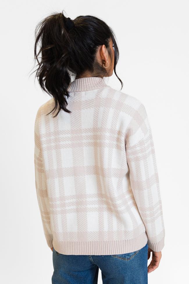 Make It Count Beige Plaid Printed Quarter Zip Pullover Product Image