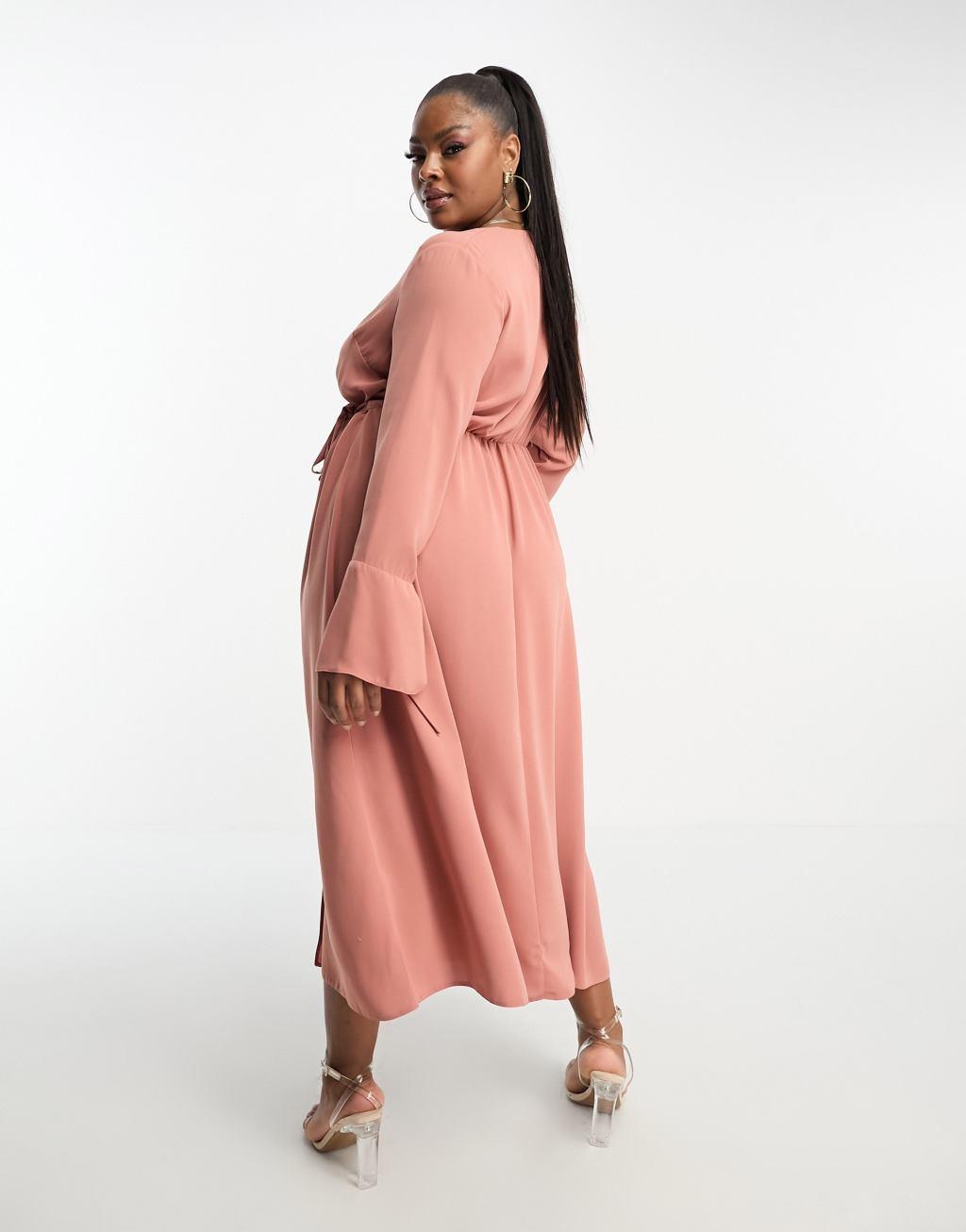 ASOS DESIGN Curve wrap midi dress with tie cuff detail Product Image