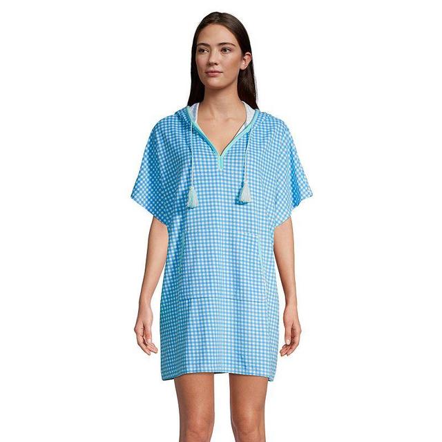 Womens Lands End Hooded Terry V-Neck Swim Cover-up Dress Blue Gingham Product Image