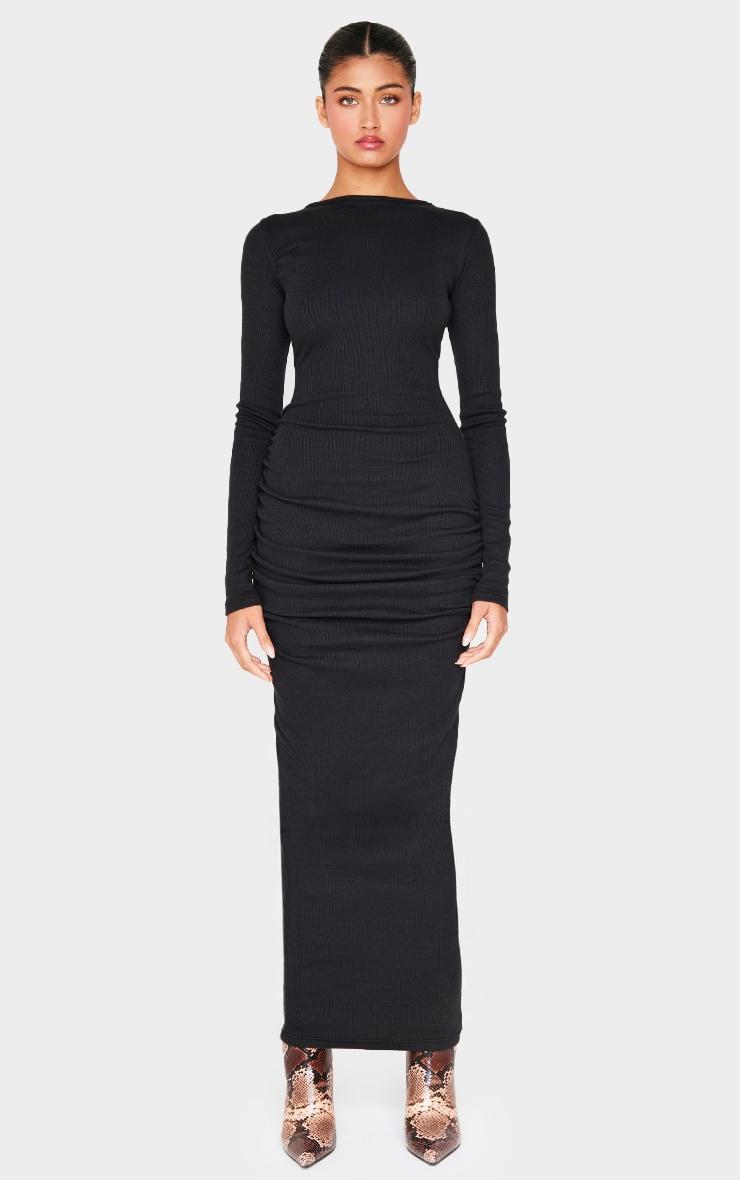  Black Ribbed Ruched Detail Long Sleeve Maxi Dress product image