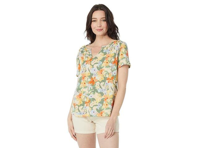 L.L.Bean Organic Cotton Smocked Notch Neck Tee Short Sleeve Print (Sunset Gold Floral) Women's Sweater Product Image