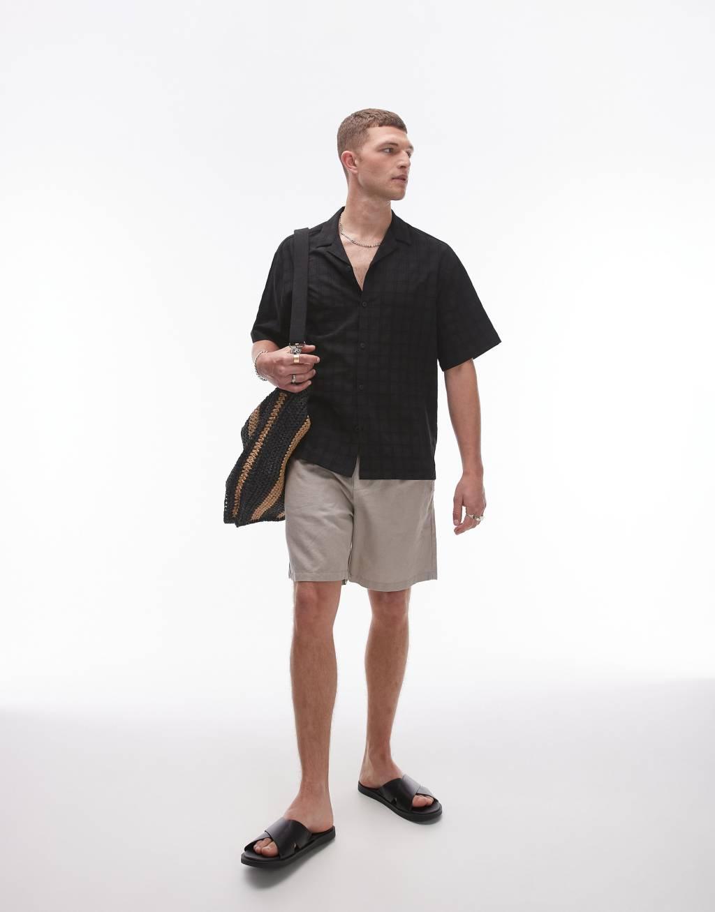 Topman short sleeve textured grid shirt in black Product Image